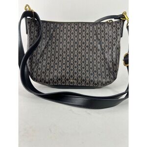 Fossil Signature Monogram Crossbody Bag Brown Black Logo Hobo Gold Hardware